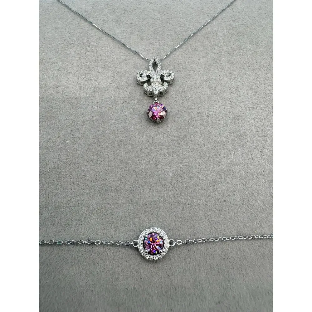 NEW Elegant Pink & White Moissanite Fleur de Lis Jewelry Set